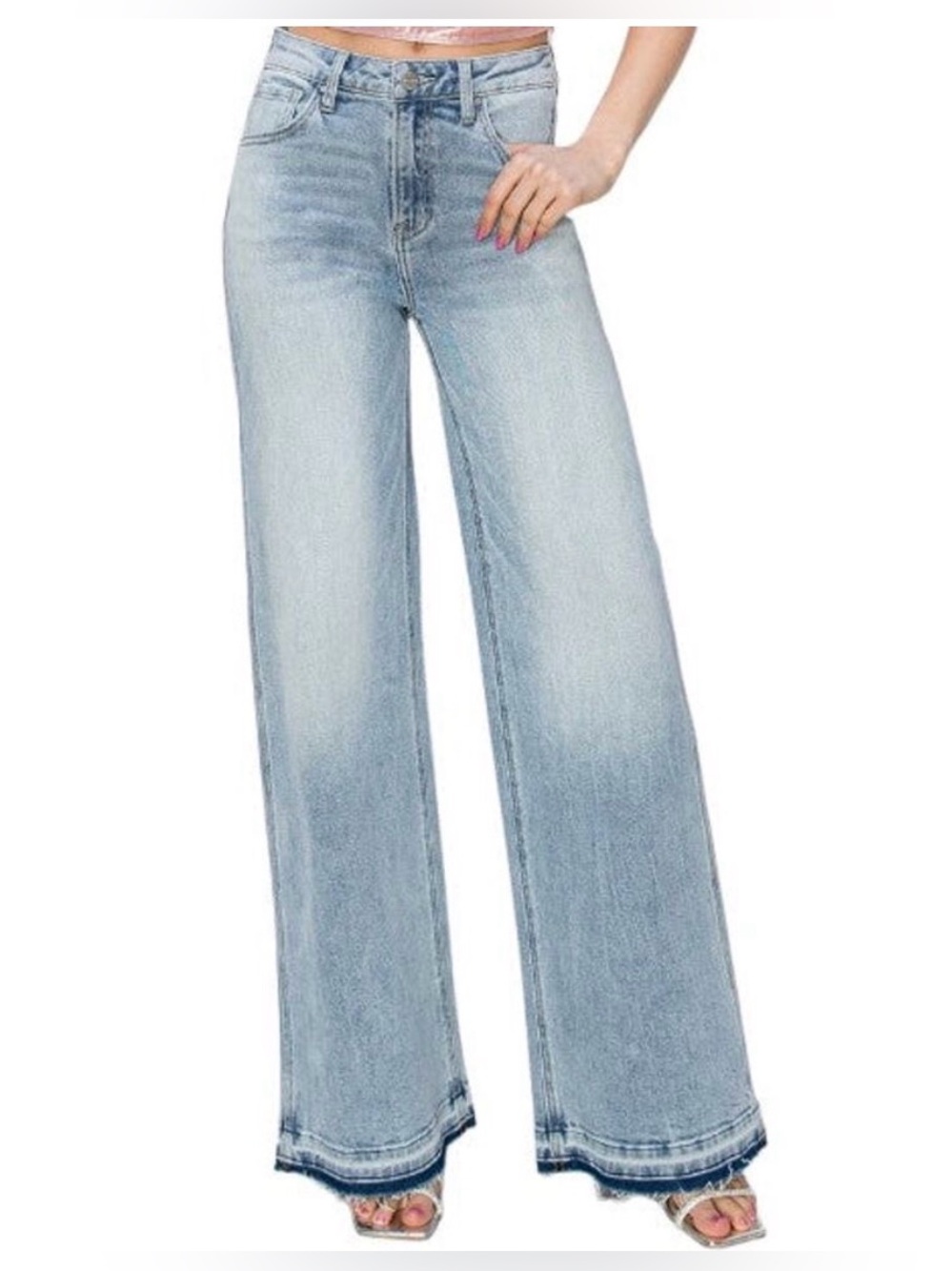 RISEN Wide Leg Shadow Released Hem Stretch Jeans Light Wash Size 5 / 27 EUC - Picture 3 of 8